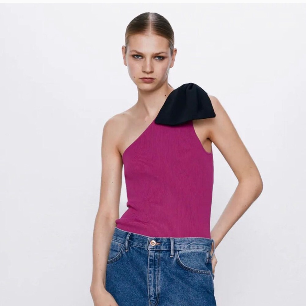 ZARA | Hot Pink Ribbed One Shoulder Tank with Bow